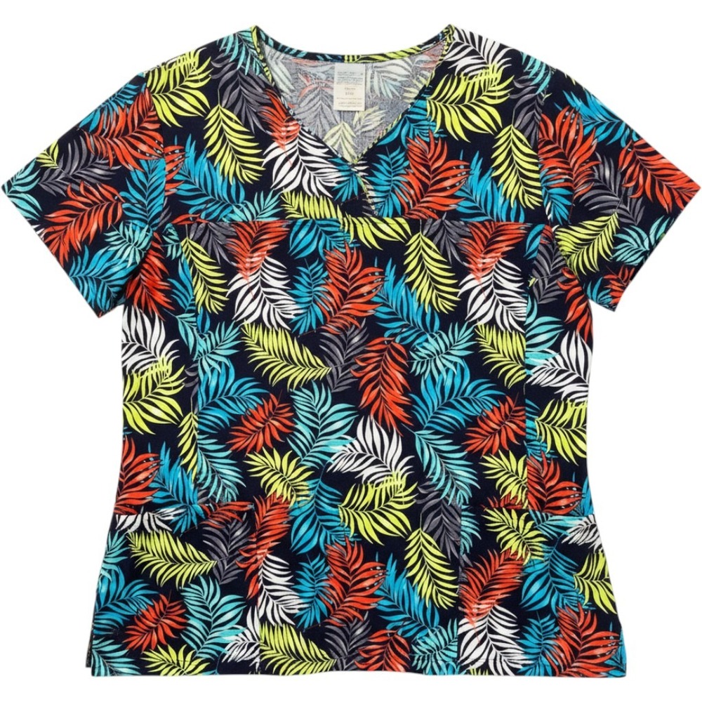 Scrubstar Scrub Top Women Large Multicolor Tropical Palm Leaf V-Neck SSL36709TA